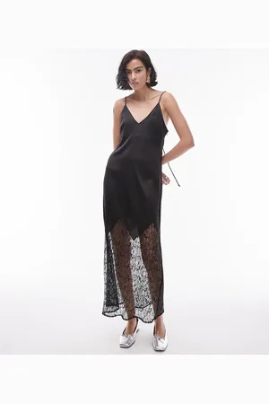 Topshop Lace insert midi slip dress in black