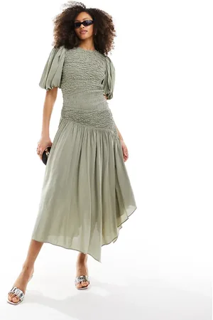 & OTHER STORIES Linen blend asymmetric hem midi dress with ruche bodice and volume sleeves in