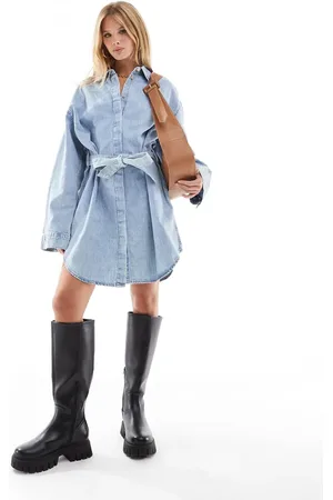 ASOS Denim mini shirt dress with belt in midwash