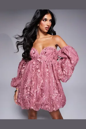 ASOS Embellished lace bandeau bubble mini dress in rose