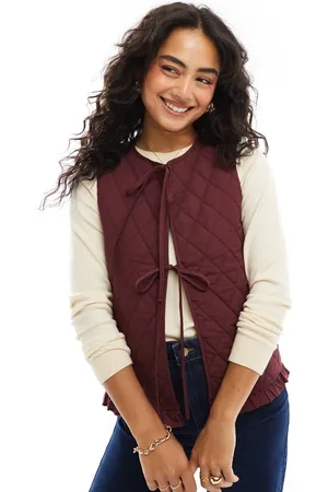 ASOS Quilted tie front gilet in burgundy