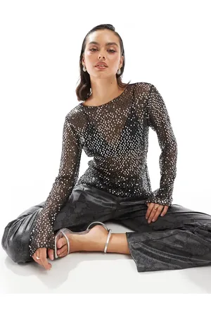 Pieces® Long sleeve sequin mesh top in