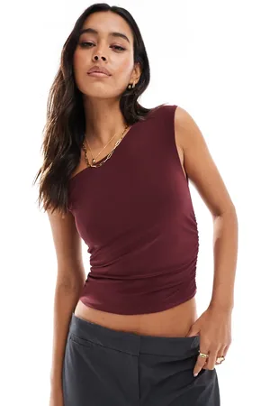 Stradivarius Asymmetric off shoulder top in burgundy
