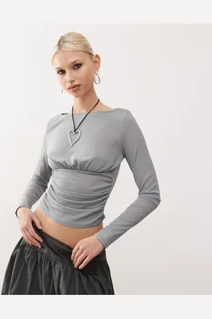 COLLUSION Tissue mesh long sleeve ruched detail top