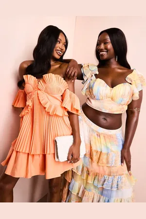 ASOS Cotton poplin pleated bandeau mini skater dress in apricot
