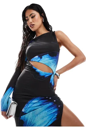 Kaiia Exclusive slinky one shoulder cut out maxi dress in blue butterfly print