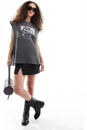 ASOS Oversized tank top with pink rock graphic in washed charcoal
