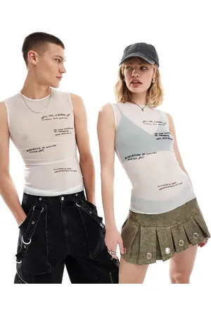Weekday Unisex Klara sheer mesh top with graphic text print in off- exclusive at ASOS