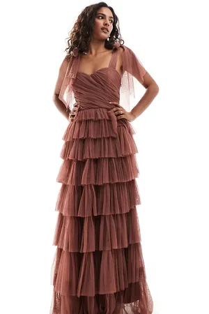 Lace & Beads Bow shoulder ruffle maxi dress in rose