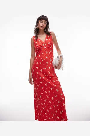 Topshop Double v midi slip dress in red ditsy print