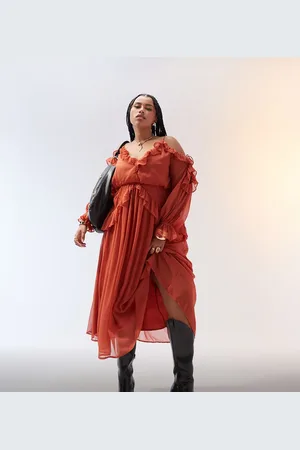 ASOS ASOS DESIGN Curve ruffle off shoulder midi dress in rust