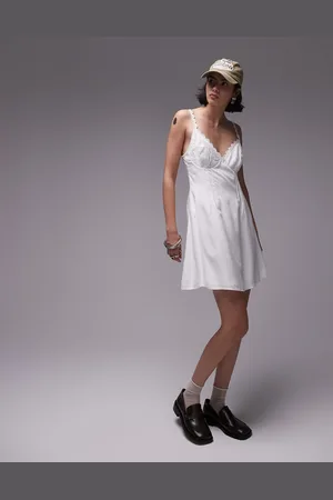 Topshop Lace trim pin tuck bust mini dress in ivory