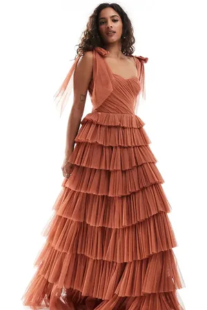 Lace & Beads Bow shoulder maxi dress in terracotta