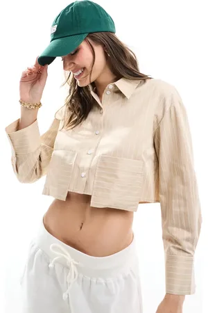 Miss Selfridge Poplin cropped dropped pocket shirt in camel pinstripe