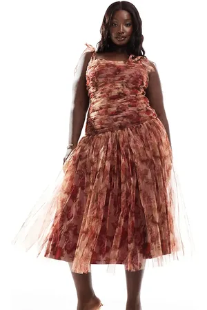 Lace & Beads Drop waist bow shoulder midaxi dress in rose print