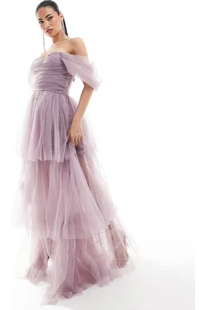 Lace & Beads Puff sleeve tulle maxi in violet