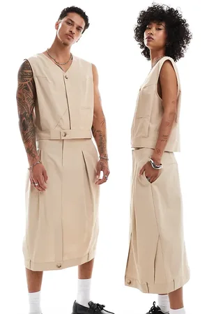 Reclaimed Unisex linen look midi skirt in stone