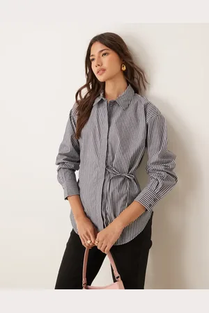 JDY Asymmetric tie detail shirt in white and stripes
