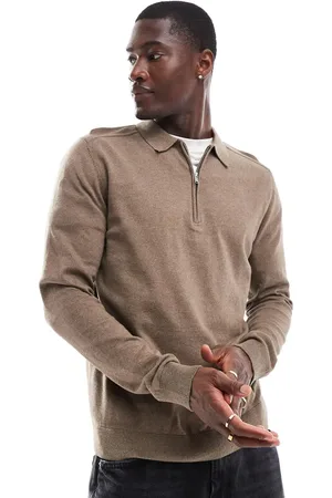 SELECTED Half zip long sleeve polo shirt in tan