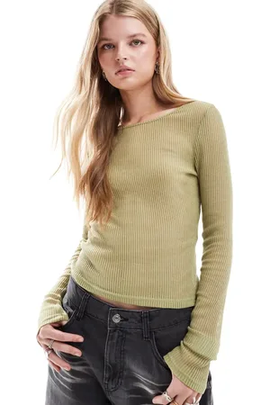 Noisy May Long sleeve sheer ribbed top in sage