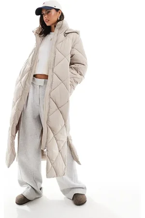 Miss Selfridge Quilted hooded maxi puffer coat in mushroom