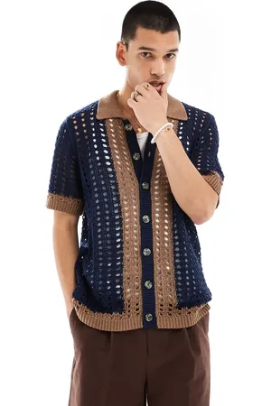 ASOS Knitted pointelle button through polo in border