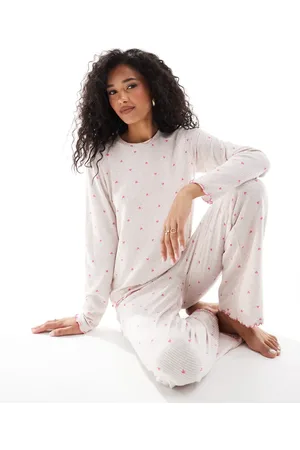 Loungeable Super soft rib heart print pyjama set in oatmeal marl