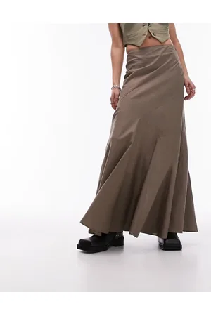 Topshop Tiered Disjointed Midi Skirt in Taupe
