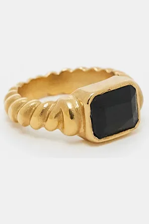 ASOS Waterproof stainless steel slim band ring with black stone in tone