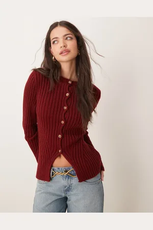 Miss Selfridge Knitted rib cardigan in burgundy