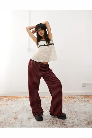 Reclaimed Wide leg trouser in burgundy pinstripe