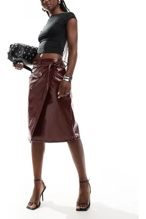 ASOS Vinyl leather look wrap midi skirt in burgundy