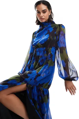 HOPE & IVY High neck maxi dress with split in cobalt floral print
