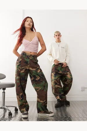 Reclaimed Unisex camo print barrel leg trouser