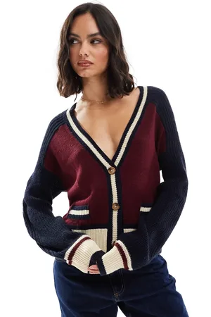 Brave Soul Collegiate button through cardigan with contrast trims in burgundy and navy