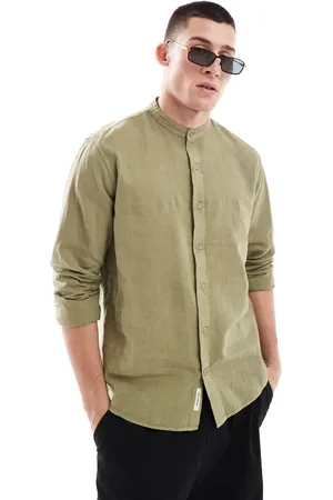 Pull&Bear Linen look grandad neck shirt in green