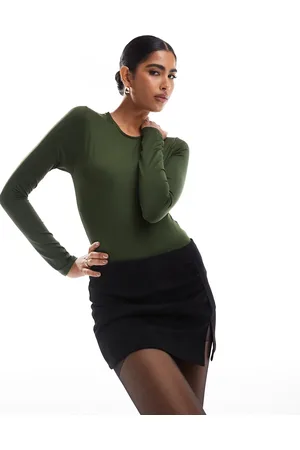 Stradivarius Long sleeve sculpt bodysuit in khaki