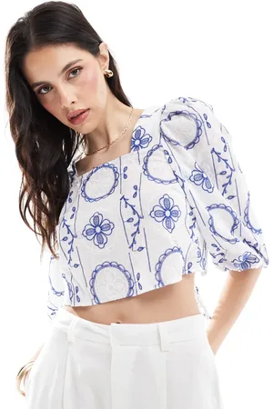ONLY Cropped embroidered woven top with tie back in