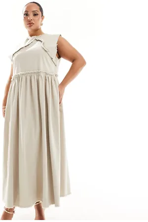 COLLUSION Plus twill raw hem maxi smock dress in stone