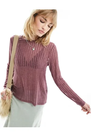 ONLY Sheer stripe long sleeve top in dusky pink