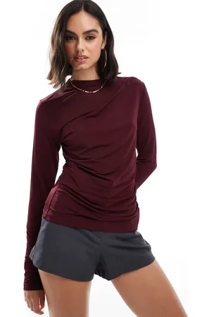 & OTHER STORIES Long sleeve mock neck top with ruche detail in burgundy