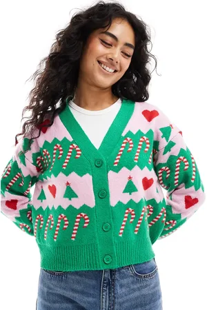 Brave Soul Knit button through christmas cardigan in and pink