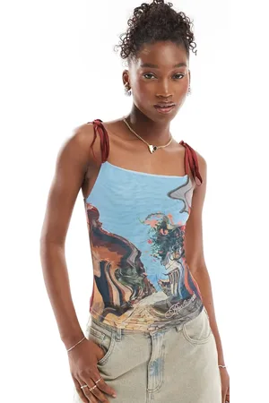 Reclaimed Mesh cami in blurred scenic print with burgundy bow straps