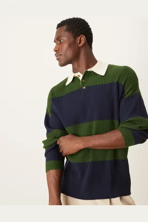 ASOS Relaxed knitted rugby polo in green and navy stripe