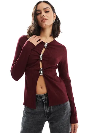 ASOS Rib long sleeve top with silver buttons in burgundy