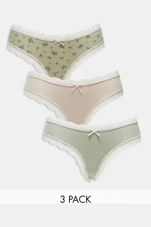 ASOS 3 pack brazilian brief in oatmeal, khaki & ditsy print with lace trim