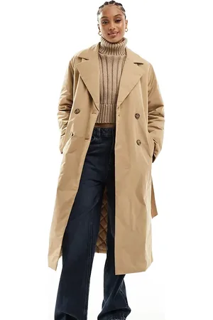 VERO MODA Double breasted longline trench coat with quilted liner in stone