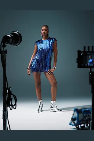 ASOS Fringe embellished padded shoulder mini dress in cobalt blue