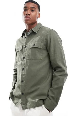 Threadbare Long sleeve linen slub shirt with utlity pockets in khaki