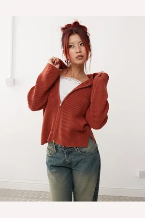 Monki Knitted rib hoodie zip up cardigan in rust